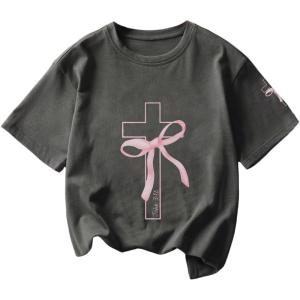 image:imageSOLY HUX Girls Graphic Tees Bow Print Short Sleeve Crewneck T Shirt Drop Shoulder Casual Summer TopsDark Grey Bow