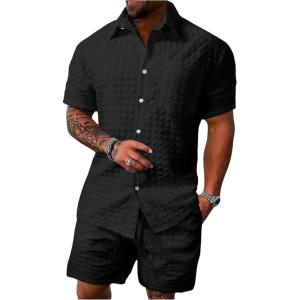 image:imageSOLY HUX Mens 2 Piece Shorts Sets Casual Beach Outfits Short Sleeve Button Down Hawaiian Shirt SetsPlain Black Textured