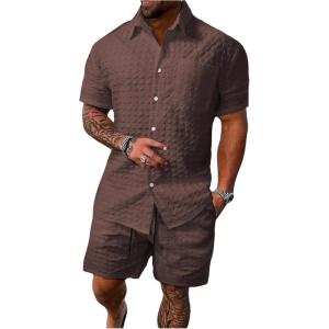 image:imageSOLY HUX Mens 2 Piece Shorts Sets Casual Beach Outfits Short Sleeve Button Down Hawaiian Shirt SetsPure Brown Textured