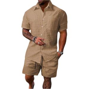 image:imageSOLY HUX Mens 2 Piece Shorts Sets Casual Beach Outfits Short Sleeve Button Down Hawaiian Shirt SetsPure Khaki Textured