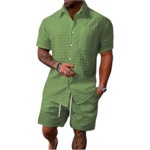 image:imageSOLY HUX Mens 2 Piece Shorts Sets Casual Beach Outfits Short Sleeve Button Down Hawaiian Shirt SetsPure Mint Green Textured