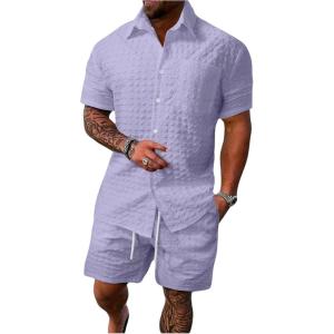 image:imageSOLY HUX Mens 2 Piece Shorts Sets Casual Beach Outfits Short Sleeve Button Down Hawaiian Shirt SetsPure Purple Textured