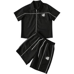 image:imageSOLY HUX Mens 2 Piece Summer Outfits Graphic Zip Up Short Sleeve Collared Shirt and Shorts Set Casual TracksuitBlack Star