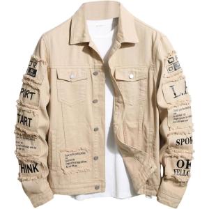 image:imageSOLY HUX Mens Denim Jacket Letter Graphic Button Down Flap Pocket Long Sleeve Streetwear JacketApricot Letter