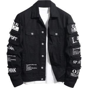 image:imageSOLY HUX Mens Denim Jacket Letter Graphic Button Down Flap Pocket Long Sleeve Streetwear JacketBlack Letter
