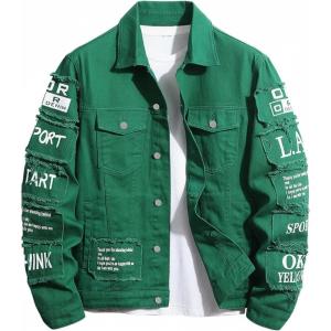 image:imageSOLY HUX Mens Denim Jacket Letter Graphic Button Down Flap Pocket Long Sleeve Streetwear JacketGreen Letter