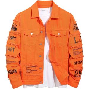 image:imageSOLY HUX Mens Denim Jacket Letter Graphic Button Down Flap Pocket Long Sleeve Streetwear JacketOrange Letter