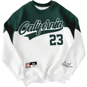 image:imageSOLY HUX Mens Graphic Sweatshirt Color Block Letter Long Sleeve Crew Neck Vintage Streetwear Pullover TopsGreen and White