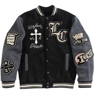 image:imageSOLY HUX Mens Letter Graphic Color Block Varsity Jacket Long Sleeve Y2k Streetwear Baseball JacketBlack Letter