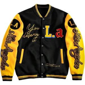 image:imageSOLY HUX Mens Letter Graphic Color Block Varsity Jacket Long Sleeve Y2k Streetwear Baseball JacketBlack and Yellow Letter