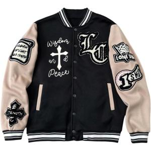 image:imageSOLY HUX Mens Letter Graphic Color Block Varsity Jacket Long Sleeve Y2k Streetwear Baseball JacketKhaki Letter