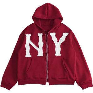 image:imageSOLY HUX Mens Letter Graphic Zip Up Hoodie Sweatshirt Long Sleeve Drop Shoulder Casual Jacket with PocketBurgundy Letter