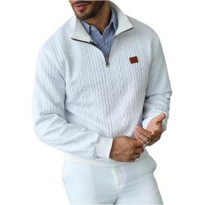 image:imageSOLY HUX Mens Quarter Zip Up Sweatshirts Mock Neck Pullover Hoodies Long Sleeve Cable Knit TopsPure White