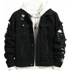 image:imageSOLY HUX Mens Ripped Denim Jacket Button Front Collared Long Sleeve Grunge Jean Jackets StreetwearPure Black