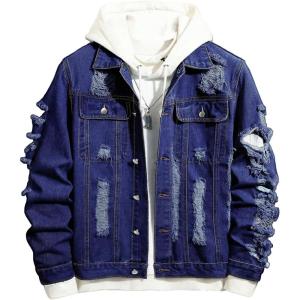 image:imageSOLY HUX Mens Ripped Denim Jacket Button Front Collared Long Sleeve Grunge Jean Jackets StreetwearPure Dark Blue