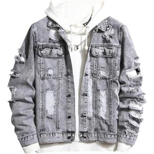image:imageSOLY HUX Mens Ripped Denim Jacket Button Front Collared Long Sleeve Grunge Jean Jackets StreetwearSolid Grey