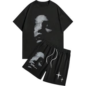 image:imageSOLY HUX Mens Short Sets Outfits Two Piece Tracksuit Short Sleeve T Shirt and Shorts Summer Sport SuitBlack Graphic