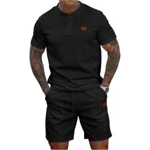 image:imageSOLY HUX Mens Summer 2 Piece Outfit Textured T Shirt and Shorts Set Short Sleeve Casual TracksuitsPlain Black