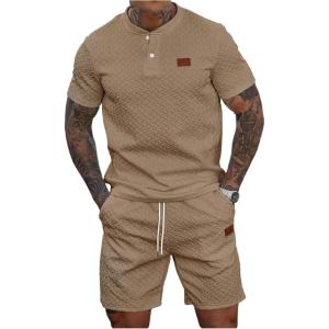 image:imageSOLY HUX Mens Summer 2 Piece Outfit Textured T Shirt and Shorts Set Short Sleeve Casual TracksuitsPlain Khaki