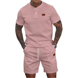 image:imageSOLY HUX Mens Summer 2 Piece Outfit Textured T Shirt and Shorts Set Short Sleeve Casual TracksuitsPlain Pink