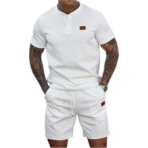 image:imageSOLY HUX Mens Summer 2 Piece Outfit Textured T Shirt and Shorts Set Short Sleeve Casual TracksuitsPlain White
