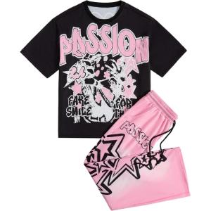 image:imageSOLY HUX Mens Summer Two Piece Outfits Short Sleeve Graphic T Shirt Pants Set Y2k Streetwear ClothesBeige Pink Multi