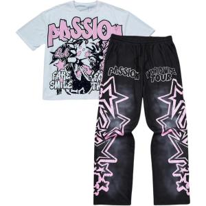 image:imageSOLY HUX Mens Summer Two Piece Outfits Short Sleeve Graphic T Shirt Pants Set Y2k Streetwear ClothesBlack White Multi