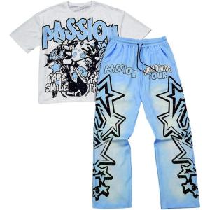 image:imageSOLY HUX Mens Summer Two Piece Outfits Short Sleeve Graphic T Shirt Pants Set Y2k Streetwear ClothesLight Blue White Multi