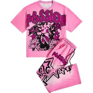 image:imageSOLY HUX Mens Summer Two Piece Outfits Short Sleeve Graphic T Shirt Pants Set Y2k Streetwear ClothesPink Graphic