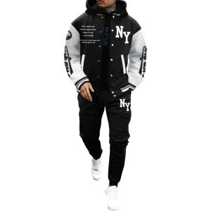 image:imageSOLY HUX Mens Tracksuit 2 Piece Outfits Color Block Letter Graphic Long Sleeve Varsity Jacket and Pants SetBlack and White Letter
