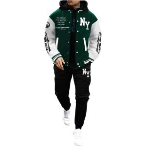 image:imageSOLY HUX Mens Tracksuit 2 Piece Outfits Color Block Letter Graphic Long Sleeve Varsity Jacket and Pants SetGreen and Black Letter Graphic
