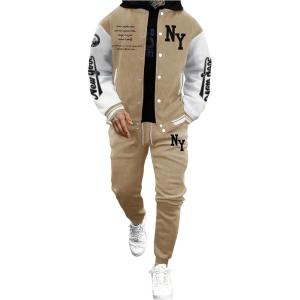 image:imageSOLY HUX Mens Tracksuit 2 Piece Outfits Color Block Letter Graphic Long Sleeve Varsity Jacket and Pants SetKhaki Letter