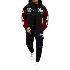image:imageSOLY HUX Mens Tracksuit 2 Piece Outfits Color Block Letter Graphic Long Sleeve Varsity Jacket and Pants SetMulti Letter Graphic Print