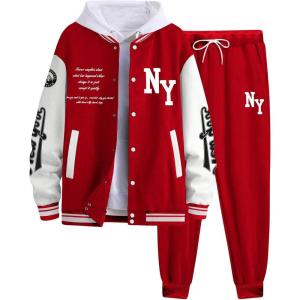 image:imageSOLY HUX Mens Tracksuit 2 Piece Outfits Color Block Letter Graphic Long Sleeve Varsity Jacket and Pants SetRed Letter Graphic
