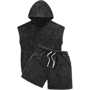 image:imageSOLY HUX Mens Tracksuit Set 2 Piece Outfits Summer Hooded Tank Top and Shorts Sports StreetwearPlain Black
