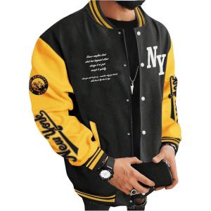 image:imageSOLY HUX Mens Varsity Jacket Color Block Letter Graphic Long Sleeve Baseball Jacket Bomber CoatBlack and Yellow Letter