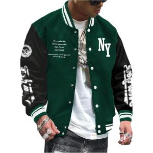 image:imageSOLY HUX Mens Varsity Jacket Color Block Letter Graphic Long Sleeve Baseball Jacket Bomber CoatGreen Letter Graphic