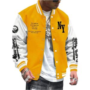 image:imageSOLY HUX Mens Varsity Jacket Color Block Letter Graphic Long Sleeve Baseball Jacket Bomber CoatYellow Letter Graphic