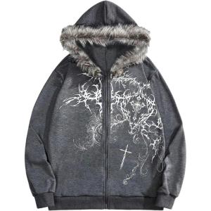 image:imageSOLY HUX Mens Y2k Grunge Zip Up Hoodie Sweatshirts Gothic Fur Hooded Jacket StreetwearGrey Graphic