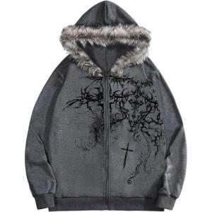 image:imageSOLY HUX Mens Y2k Grunge Zip Up Hoodie Sweatshirts Gothic Fur Hooded Jacket StreetwearGrey Graphic Print