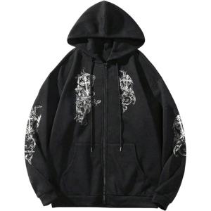 image:imageSOLY HUX Mens Y2k Zip Up Hoodie Gothic Print Hooded Sweatshirt Retro Jacket Outerwear StreetwearBlack White