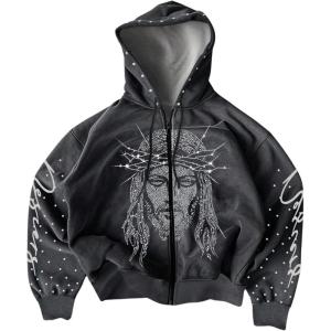 image:imageSOLY HUX Mens Y2k Zip Up Hoodie Rhinestone Sparkly Graphic Hooded Sweatshirt Jacket Grunge StreetwearBlack Graphic