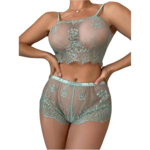 image:imageSOLY HUX Womens Floral Lace Sheer Bra and Boyshorts Panty 2 Piece See Through Lingerie SetPlain Green