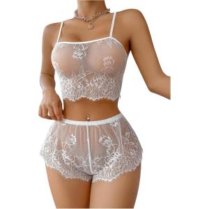 image:imageSOLY HUX Womens Floral Lace Sheer Bra and Boyshorts Panty 2 Piece See Through Lingerie SetPlain White