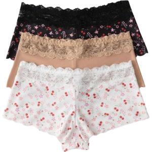 image:imageSOLY HUX Womens Lace Boyshort Briefs Floral Mid Rise Underwear Panties Pajama Bottoms 3 PacksBlack White Khaki