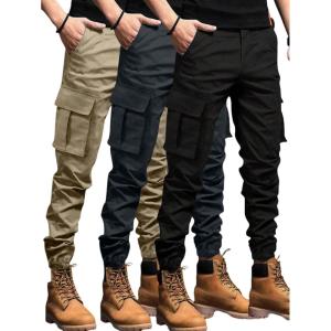 image:imageSOLY HUX Mens Cargo Pants Elastic Waist Slim Fit Outdoor Hiking Joggers with Pockets 3 PacksBlack Khaki Multi