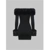 image:imageSOLY HUX Womens Bodycon Mini Dress Off The Shoulder Contrast Faux Fur Long Sleeve DressesPure Black