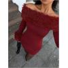 image:imageSOLY HUX Womens Bodycon Mini Dress Off The Shoulder Contrast Faux Fur Long Sleeve DressesPure Burgundy