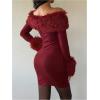 image:imageSOLY HUX Womens Bodycon Mini Dress Off The Shoulder Contrast Faux Fur Long Sleeve DressesPure Burgundy