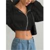 image:imageSOLY HUX Womens Cropped Zip Up Hoodie Y2k Drawstring Drop Shoulder Sweatshirts StreetwearPlain Black
